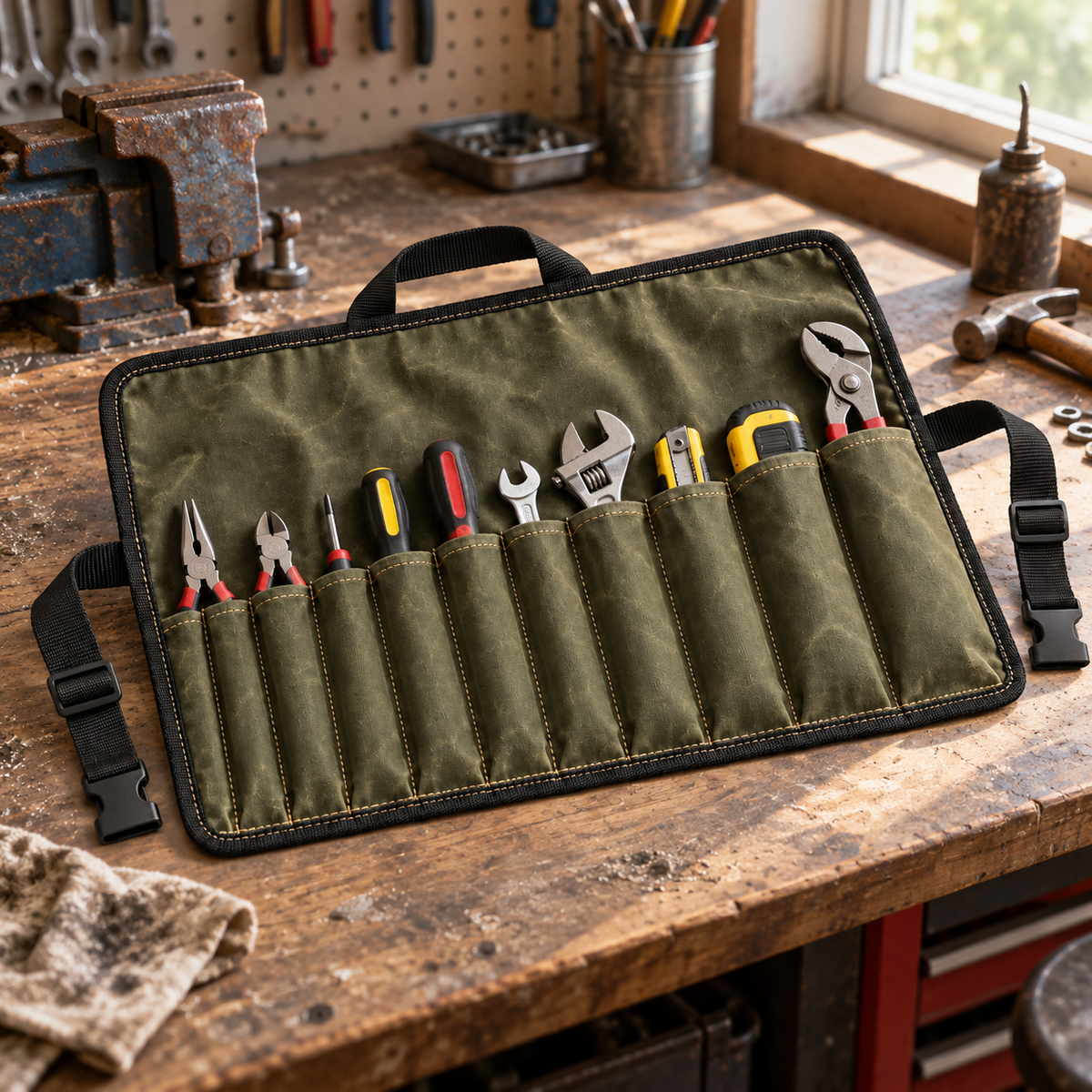 10-Pocket Waxed Canvas Tool Roll